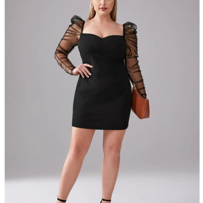 Sexy Mesh V-Neck Bodycon Mini Dress Long Sleeve Solid Color Wholesale Plus Size Clothing