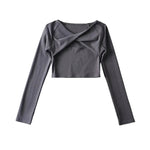 Round Neck Long Sleeve Short Womens Shirts Cross Kink Hollow Design Trendy Wholesale Crop Tops