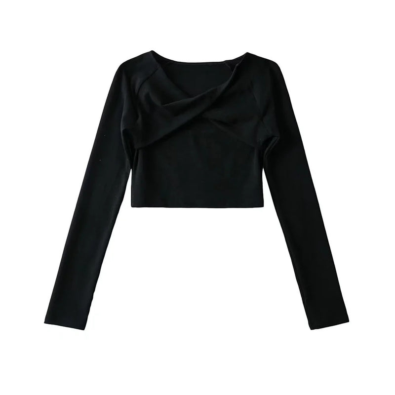 Round Neck Long Sleeve Short Womens Shirts Cross Kink Hollow Design Trendy Wholesale Crop Tops