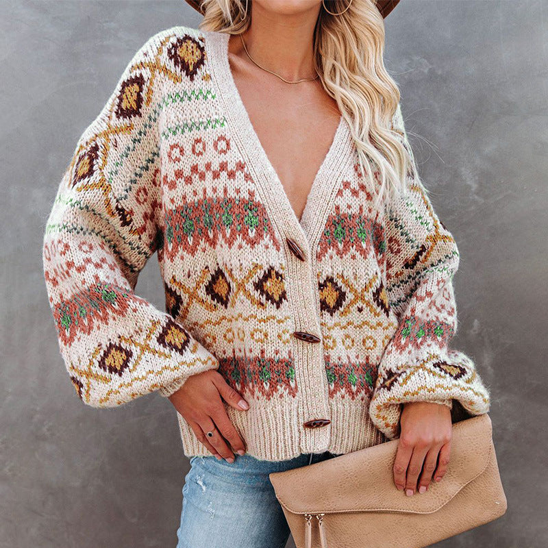 V-Neck Printing Women's Fashion Knitted Sweater Loose Wholesale Cardigan Jacket