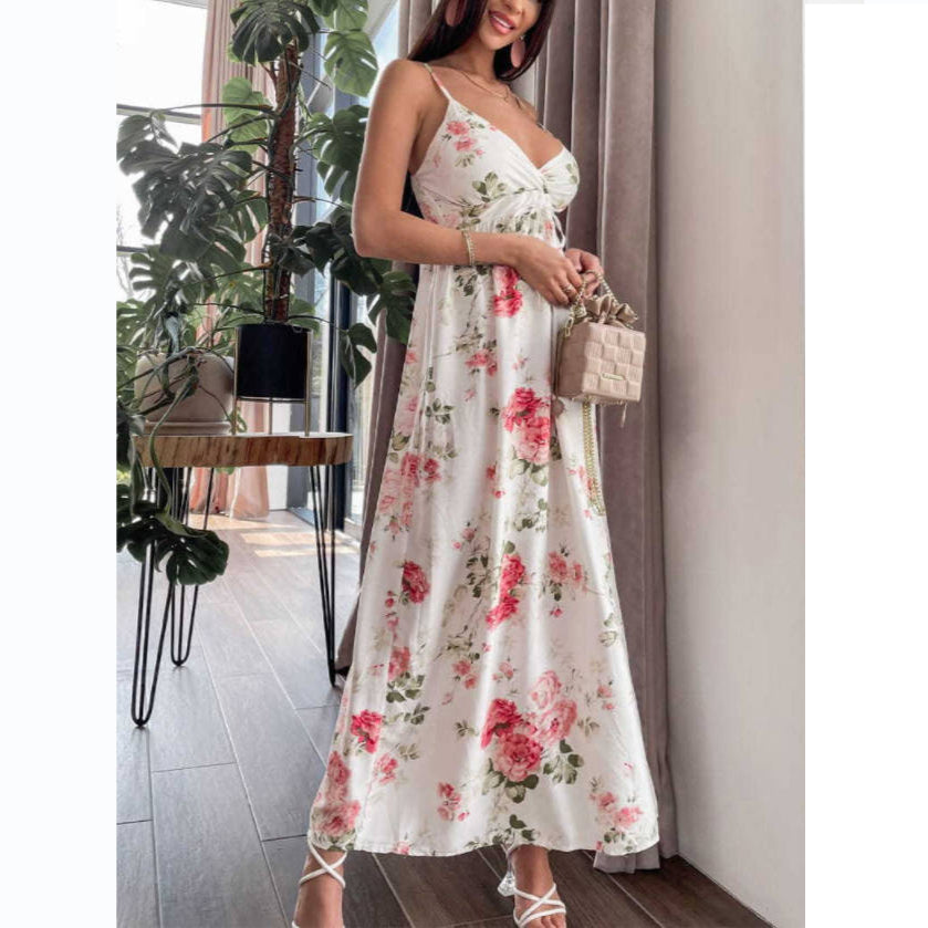 Sexy Low-Cut Sleeveless Floral Slip Dress Wholesale Maxi Dresses