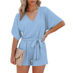 Short Sleeve V Neck Tie Waist Wholesale Rompers Jumpsuits For Women
