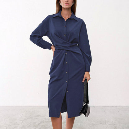 Fashion Long Sleeve Wrap Waist Midi Shirtdress Wholesale Shirt Dresses