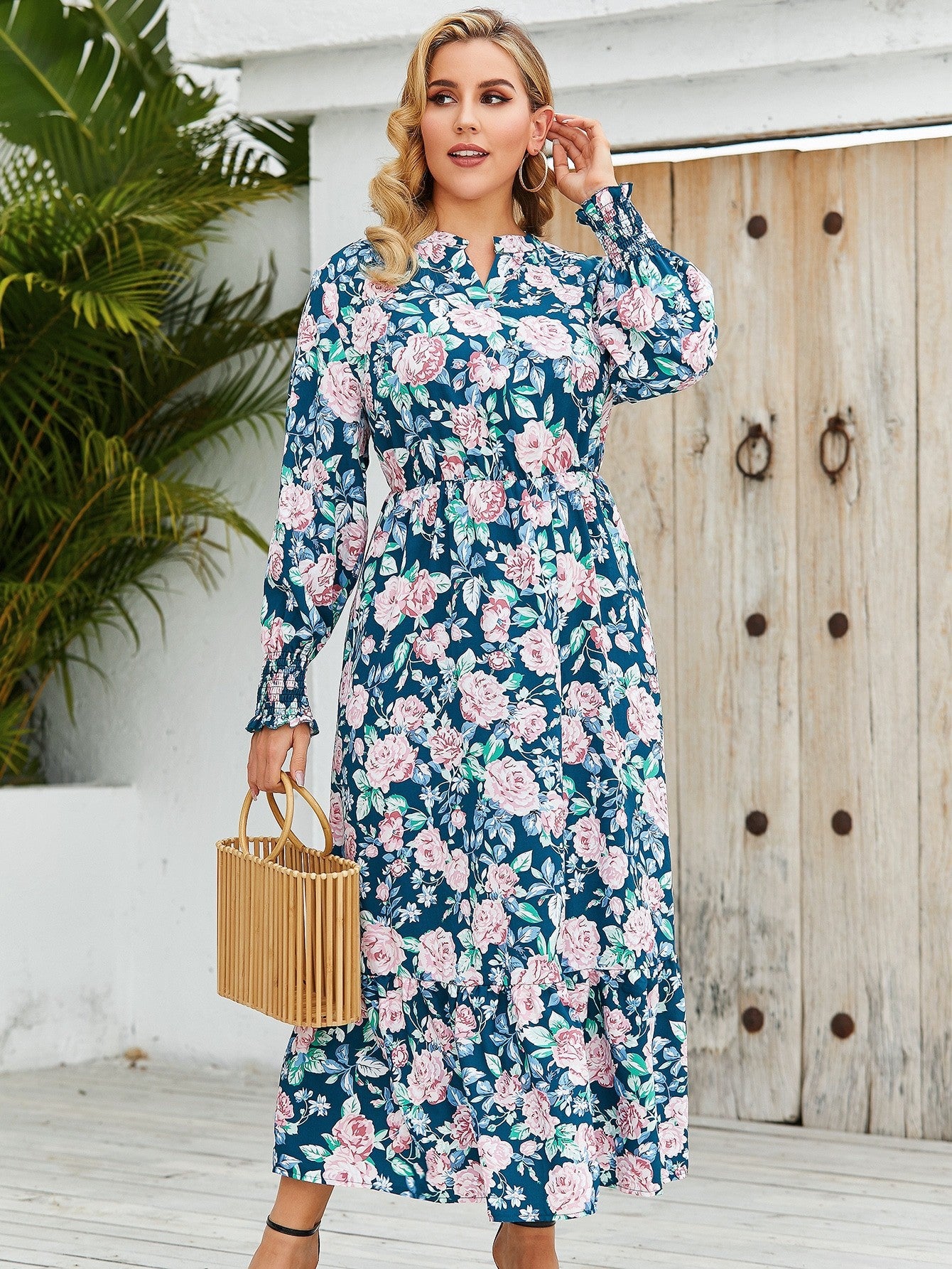 Long Sleeve Rose Print Women Curvy Dresses Wholesale Plus Size Clothing