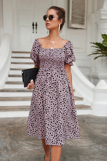 Dot Print Wide Neck Puff Sleeve High Waist Midi Dress Casual Wholesale Dresses