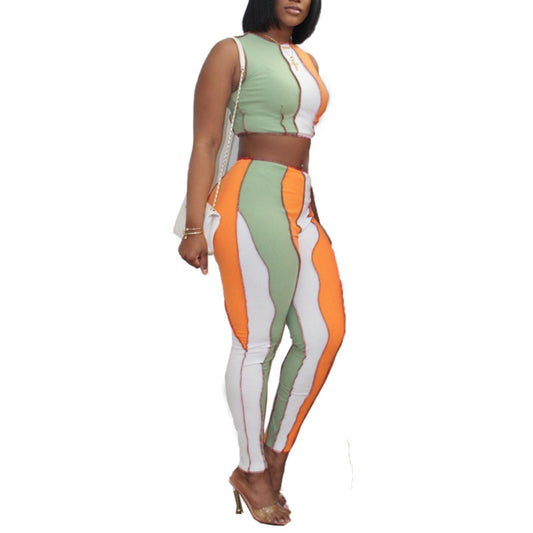 Two Pieces Set Inside-Out Wear Colorblock Stitching Crop Top & Pants Wholesale