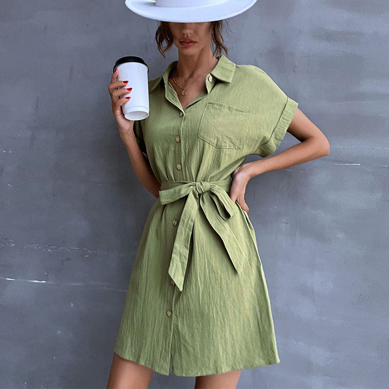 Lapel Short Sleeve Cotton And Linen Shirt Dress Wholesale