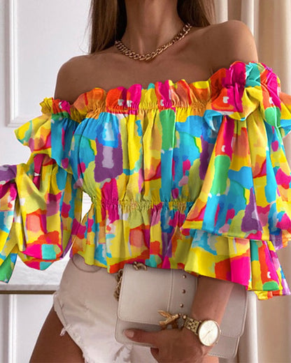 Fashion Off Shoulder Printed Sexy Ruffles Waist Elastic Shirts Wholesale Crop Tops ST531871