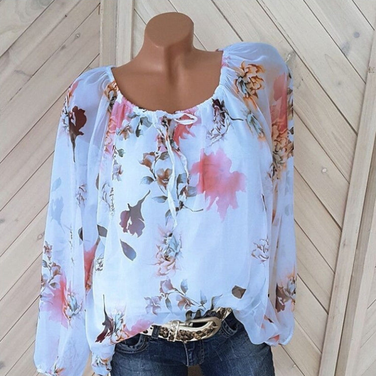 Casual Loose Chiffon Sexy Off Shoulder Floral Tops Lace-Up Wholesale Womens Long Sleeve T Shirts