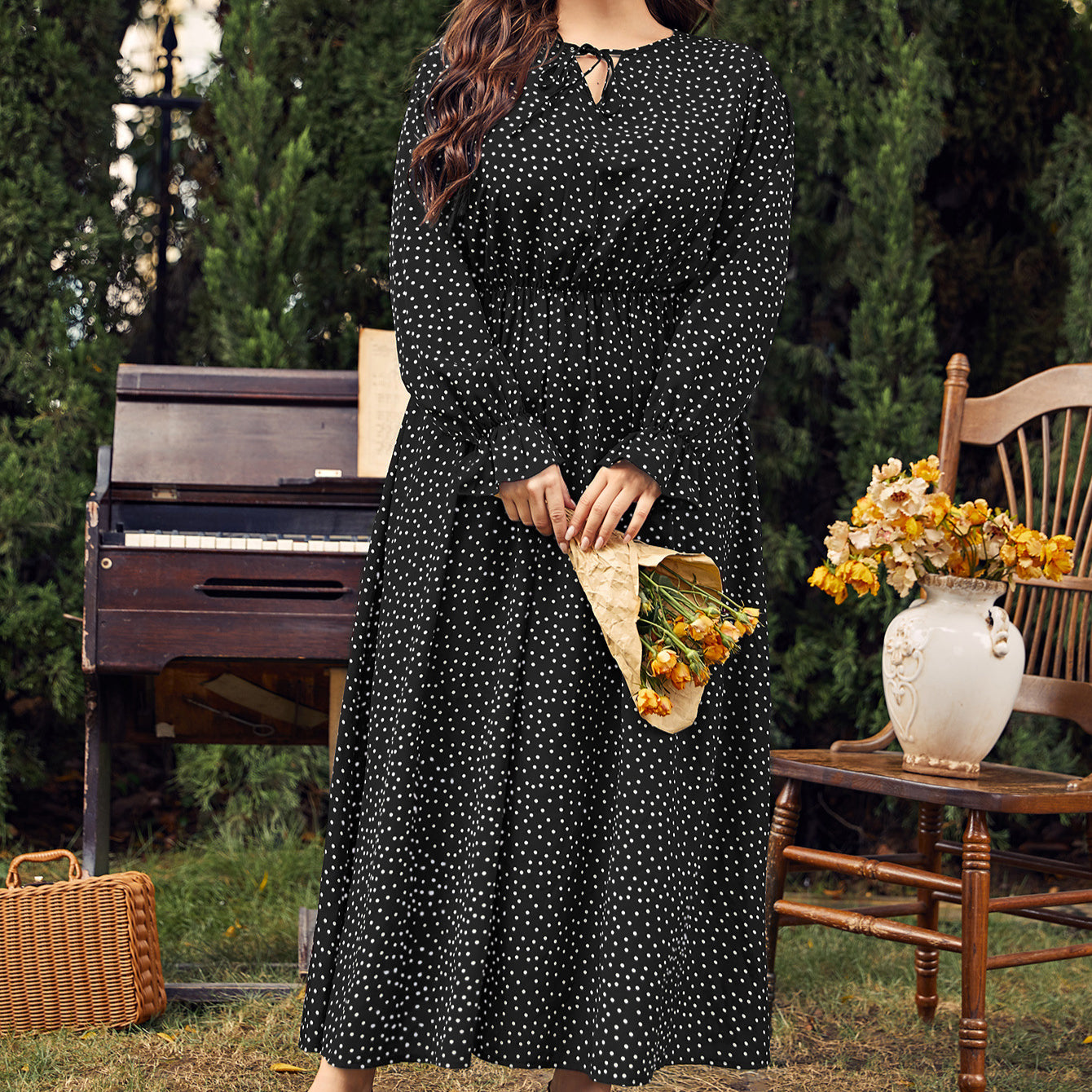 Chiffon Polka Dot Curvy Dress High Waist Long Sleeve Dresses Wholesale Plus Size Clothing