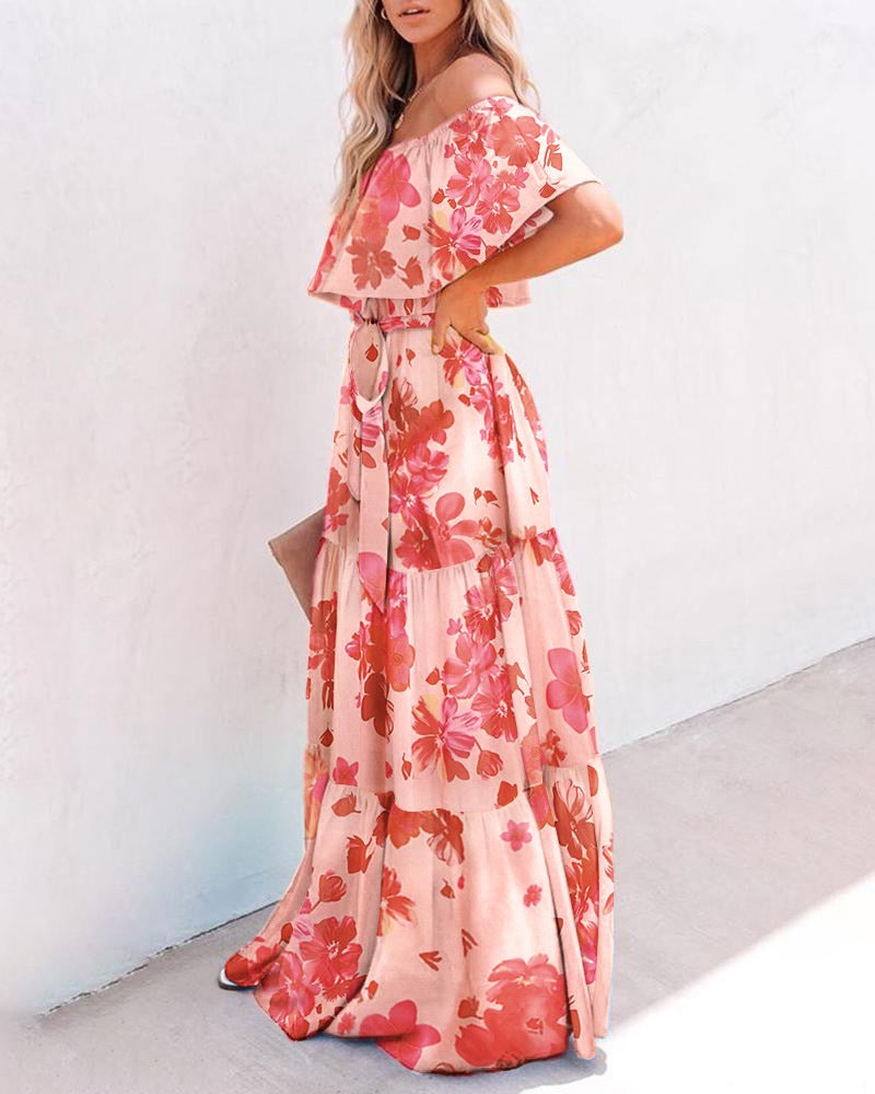 Printed Lace-Up Off Shoulder Big Swing Smocked Dress Vacation Wholesale Maxi Dresses SD531767