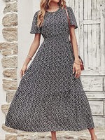 Casual Print Flared Dress Crew Neck Elastic Waist Short Sleeve Midi Wholesale Dresses