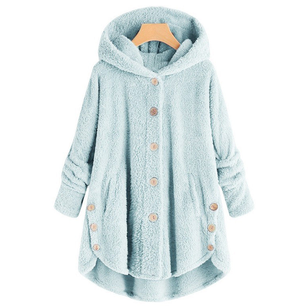 Button Plush Top Solid Color Hooded Jacket Casual Cardigan Wholesale