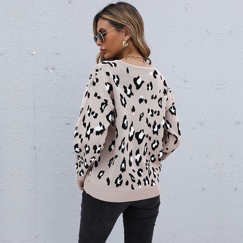 Casual Leopard Loose Crew Neck Long Sleeve Wholesale Sweaters