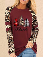 Christmas Trees Leopard Patchwork Long Sleeve Long Blouses