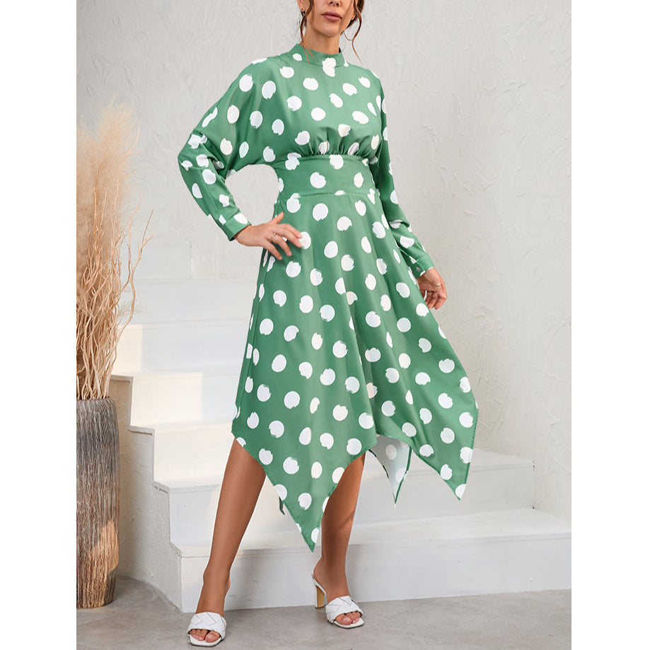 Casual Polka Dot A-Line Midi Dress Slim Long Sleeve Irregular Wholesale Dresses