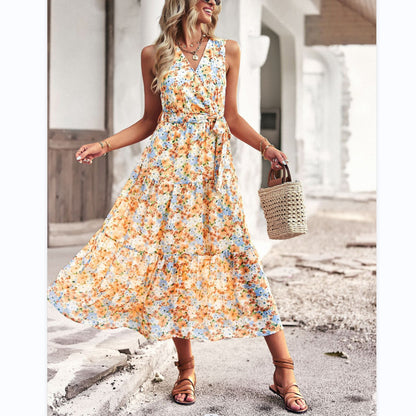 Lace-Up Waist Floral Print Mid-Length Tank Dress Wholesale Dresses