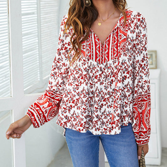 V-Neck Printed Loose Lantern Sleeve Top Sweatshirt