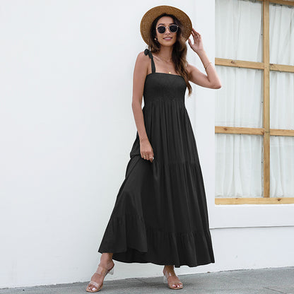 Solid Color Summer Linen Sling Lace-Up Wide Swing Smocked Dress Vacation Wholesale Maxi Dresses