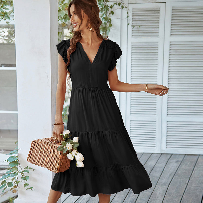 Casual Dress Day Wholesale V-Neck Ruffle Sleeves Solid Color SD191083