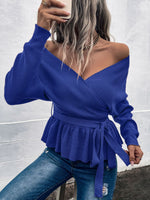 Solid Color V-Neck Sexy Lace-Up Ruffled Sweater Wholesale Womens Tops