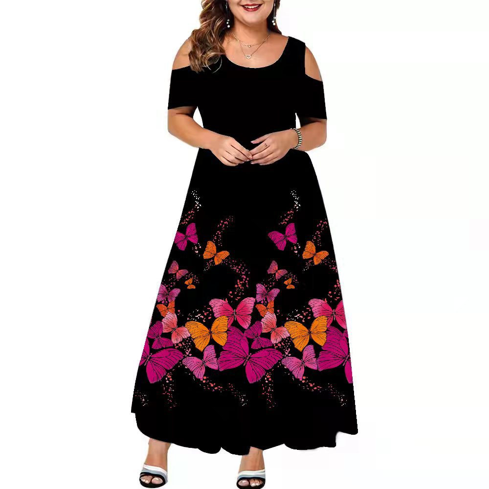 Butterfly Print Cold Shoulder Casual Loose Wholesale Plus Size Dresses