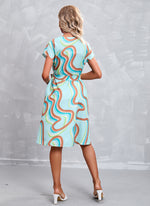 V Neck Geometric Print Short Sleeve Lace-Up Waist Elegant Shirtdress Wholesale Shirt Dresses