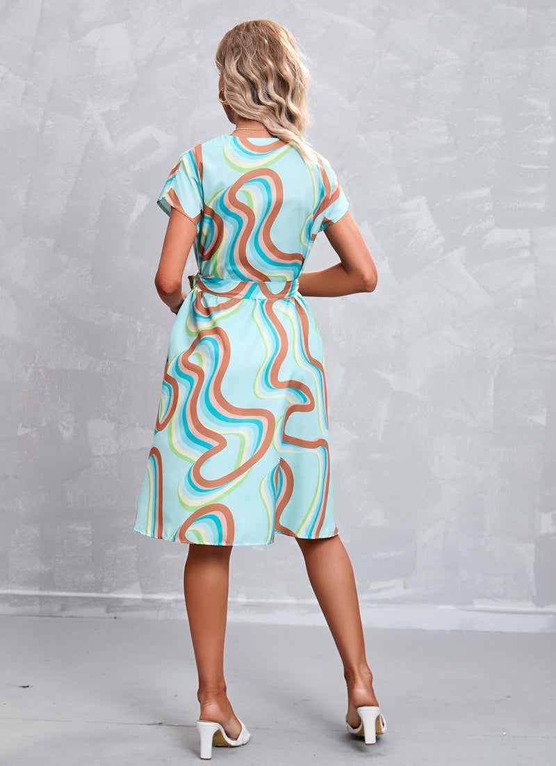V Neck Geometric Print Short Sleeve Lace-Up Waist Elegant Shirtdress Wholesale Shirt Dresses