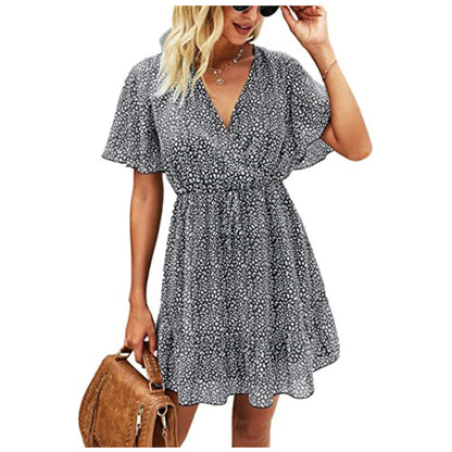 Dot Print Short Sleeve Ruffles V Neck Lace-Up Chiffon Short Flowy Swing Dress Casual Wholesale Dresses