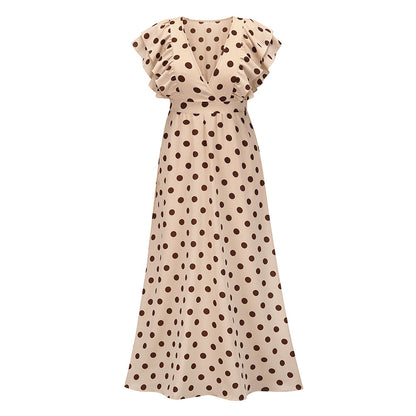 Deep V Polka Dot Print Nipped Waist Vintage Vacation Dress Ruffles Wholesale Maxi Dresses