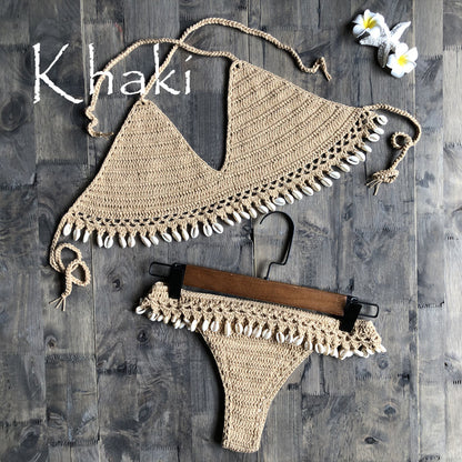 Cotton Woven Hand Crochet Sexy Womens Bikini Shell Split Swimsuit Wholesale Womens Swimwear