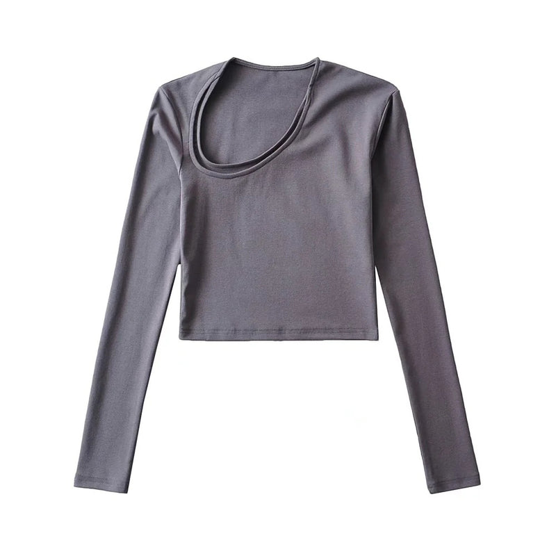Solid Color Slim-Fit Double-Layer Oblique Fold Collar Design Sense Long-Sleeved Crop Top Wholesale Women Top