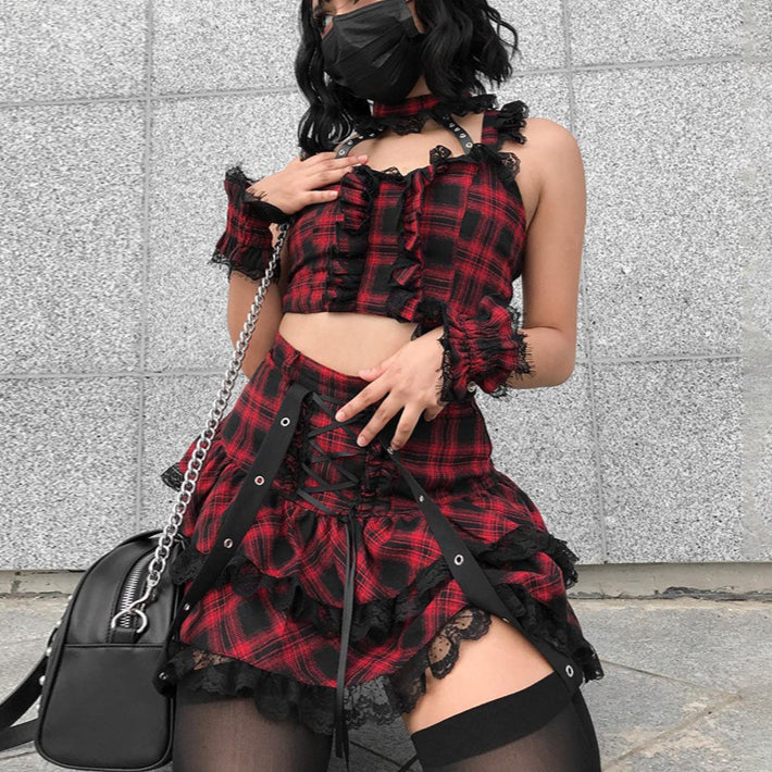 Dark Plaid Suspender Lace Splicing Strap Pleated Skirt Personality Suit Wholesale Women Clothing