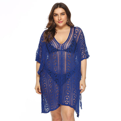 Sexy Cutout Knitted Bikini Cover Up V-Neck Slit Beachwear Curve Dresses Wholesale Plus Size Clothing