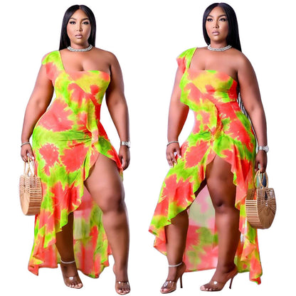 One Shoulder Printed Ruffle Curvy Maxi Dresses Wholesale Plus Size Clothing