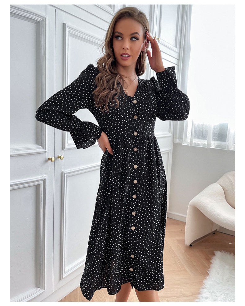 Fashion V Neck Polka Dot Dress Casual Long Sleeve Wholesale Dresses