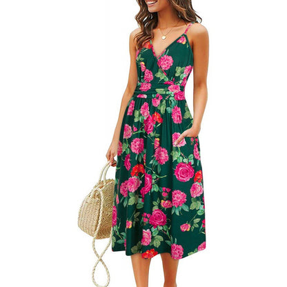 V Neck Trendy Printed Sundresses Sling Swing Dress Beach Vacation Wholesale Dresses