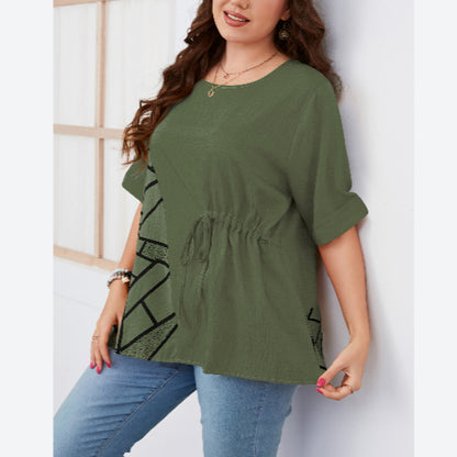 Geometric Print Short Sleeve Round Neck Wholesale Plus Size Tops