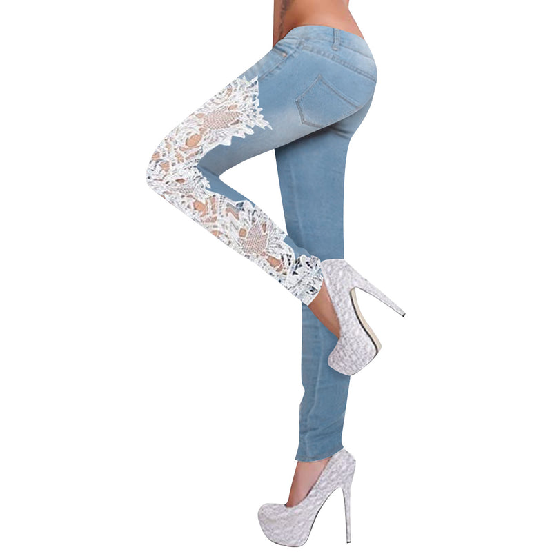 Women Hollow Lace Stitching Wholesale Jeans In Bulk
