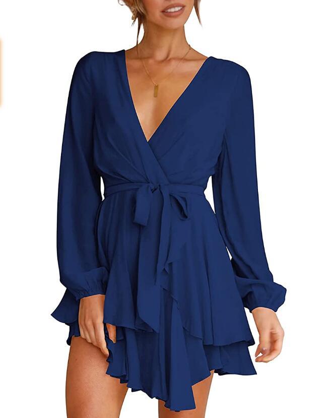 Solid Color Long Sleeve V Neck Irregular Wholesale Ruffle Dresses