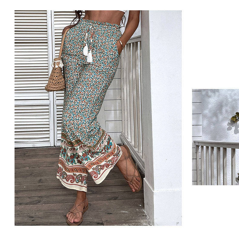 Women Fashion Elastic Waist Floral Print Drawstring Wide Leg Wholesale Pants
