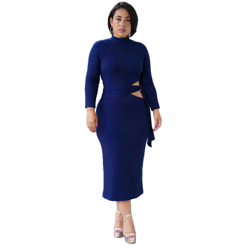 Solid Color Long Sleeve High Waist Hollow Tight-Fitting Mid-Length Dress