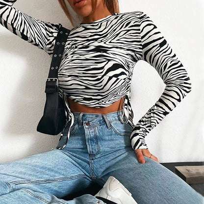 Casual Zebra Print Round Neck Frenulum Slim Crop Tops Wholesale Womens Long Sleeve T Shirts