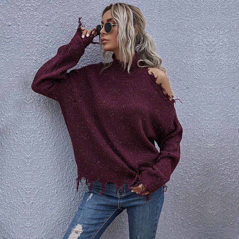 Casual Ripped High Collar Long Sleeve Loose Knitted Tops Wholesale Sweater
