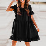 Solid Color Ruffle Short Sleeve Round Neck Wholesale Swing Dresses