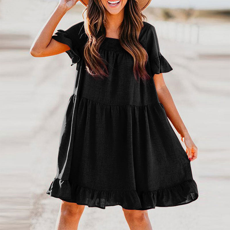 Solid Color Ruffle Short Sleeve Round Neck Wholesale Swing Dresses