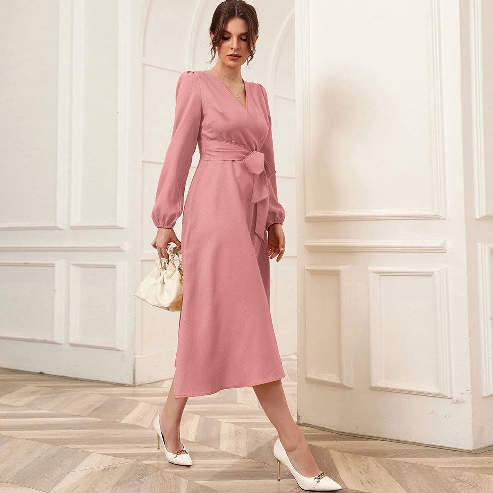 Puff Sleeve V-Neck Wide Swing Ladies Midi Dress With Belt Elegant Wholesale Dresses Business Casual Women