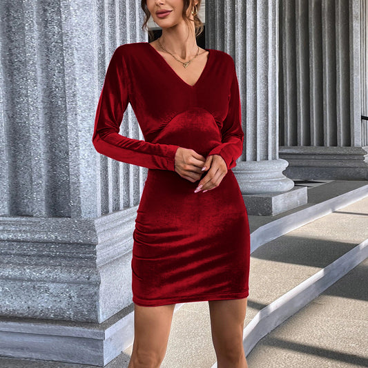 Sexy Long Sleeve Bodycon Bag Hip Velvet Dress Wholesale Dresses