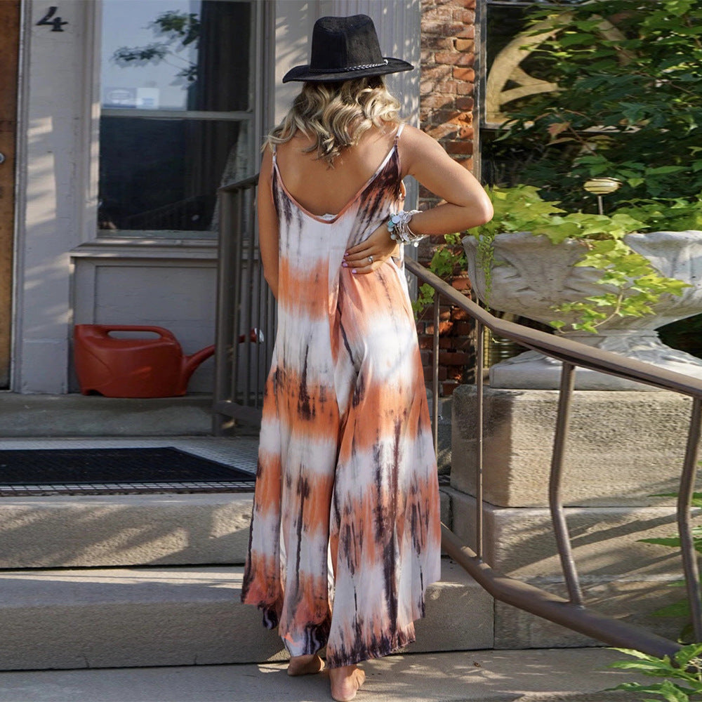 Open Back Tie Dye Print Sling Dress Casual Beach Wholesale Maxi Dresses