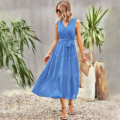 Solid Color Tie-Up Waist Sleeveless Swing Smocked Dress Wholesale Dresses